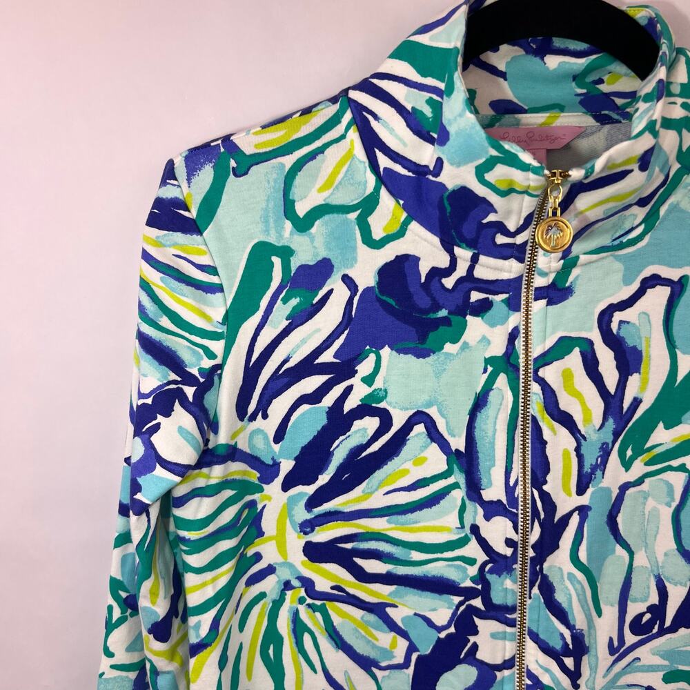 Lilly Pulitzer, Reagan Full-Zip Jacket, Pool Blue Green Stay Cool Cotton Spandex - Picture 5 of 12